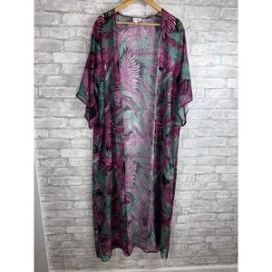 Kimono Maxi Duster Sheer Cardigan Open Front Palm Tropical Beach Oversized Small